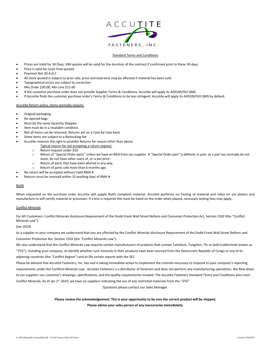 Client Terms of Sale first page