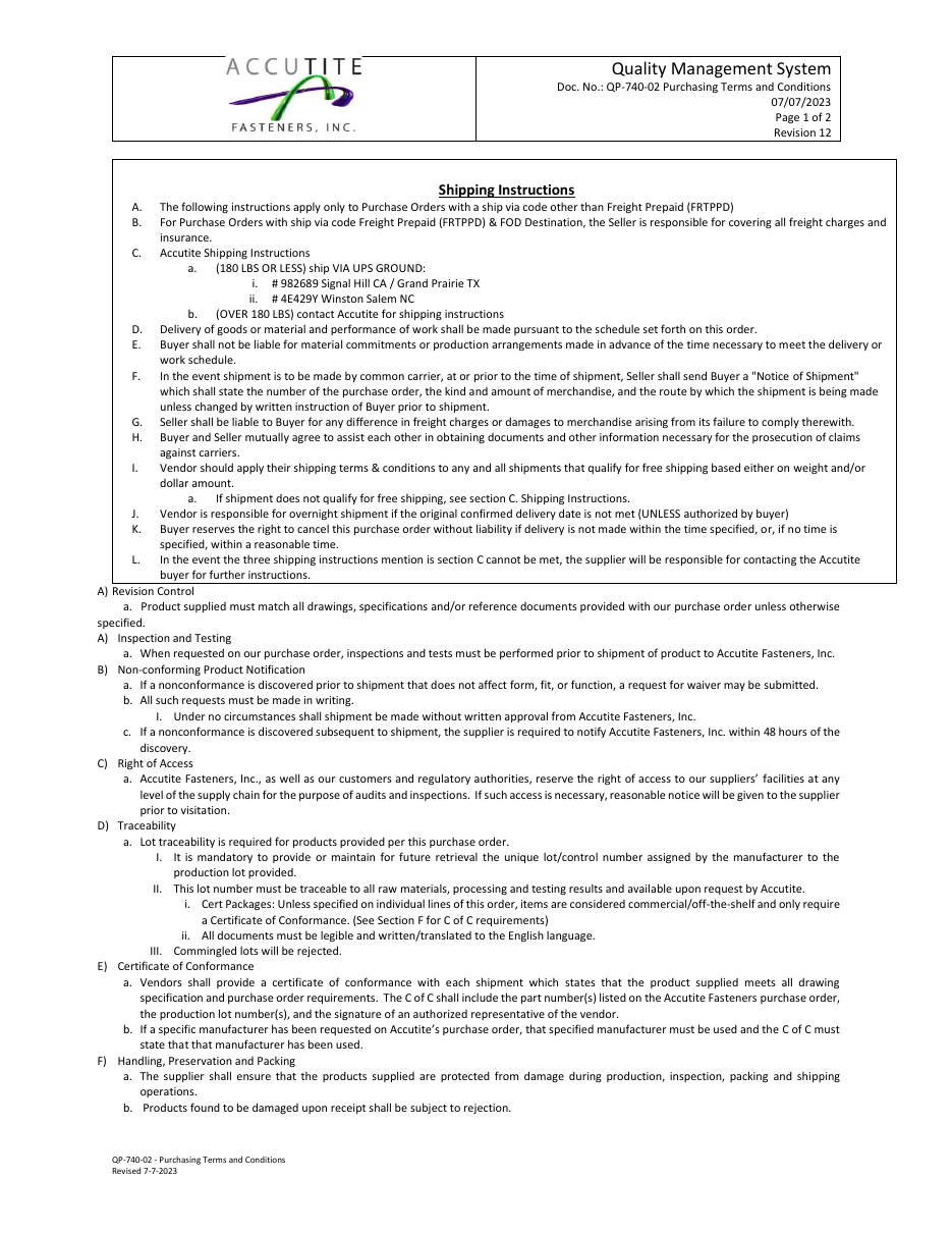 Supplier Purchasing Terms first page