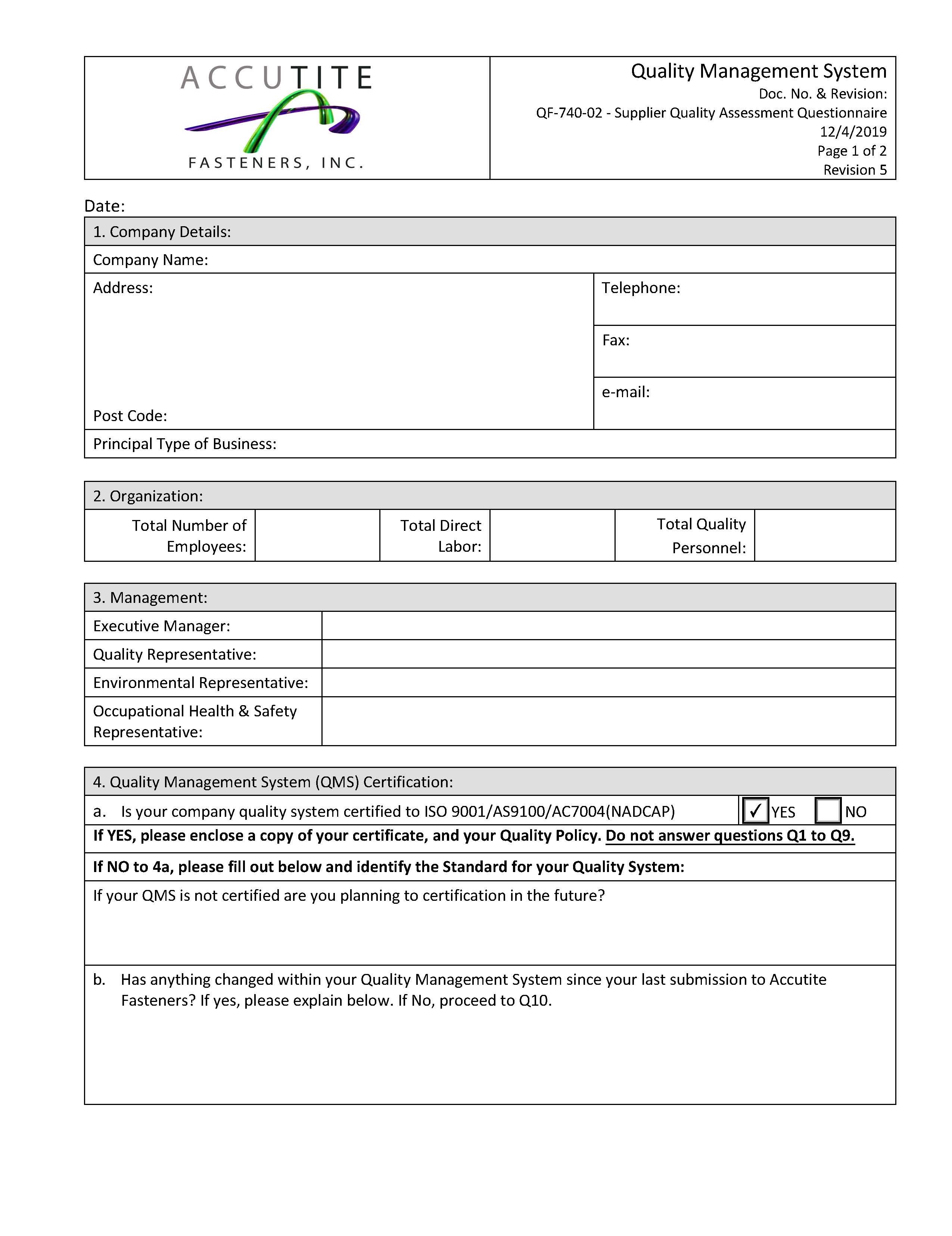 QF74002 Supplier Quality Assessment Questionnaire ACCUTITE